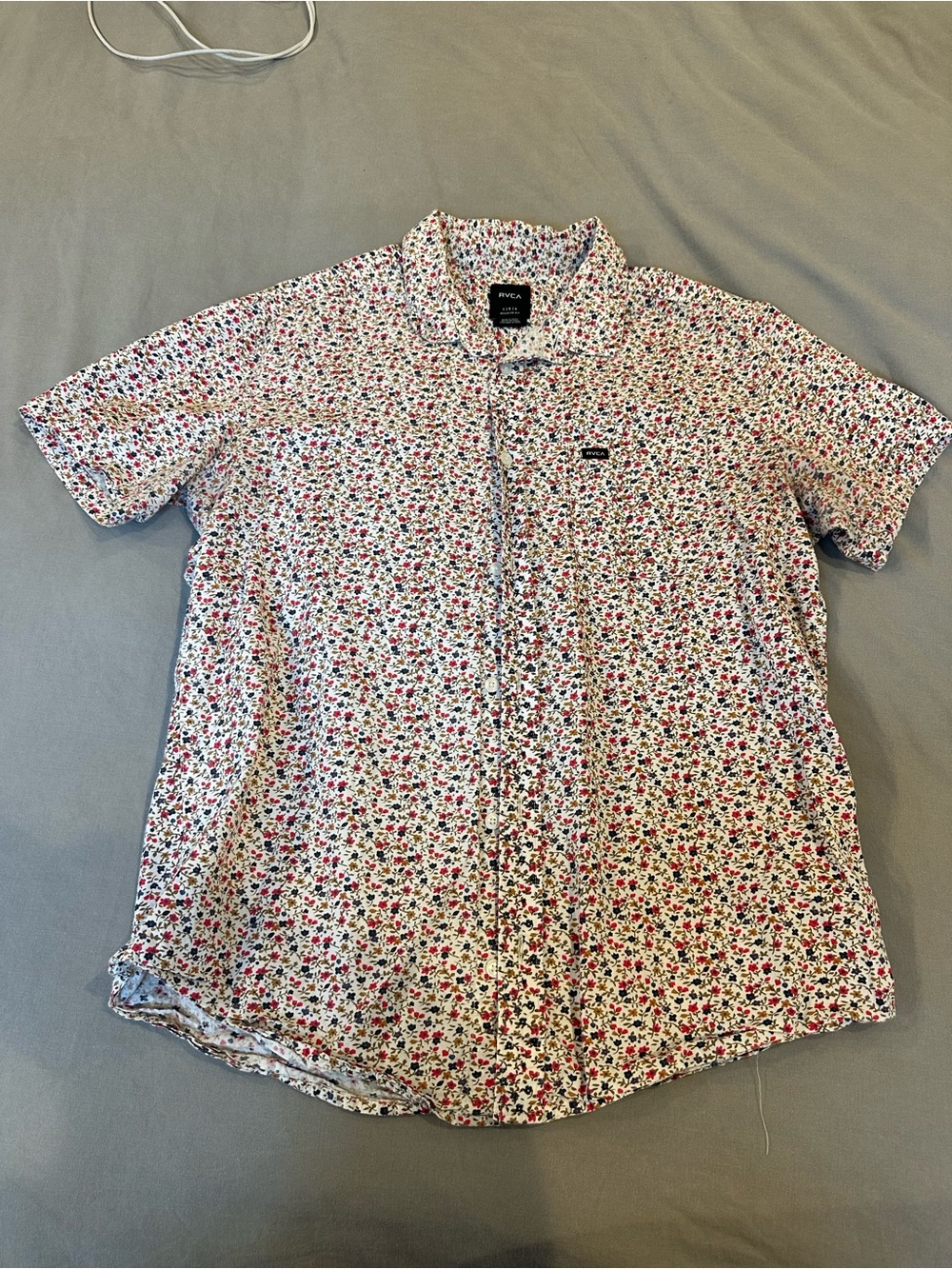 RVCA Men's Short-Sleeve Floral Button-Up Shirt in White with Red & Blue Accents